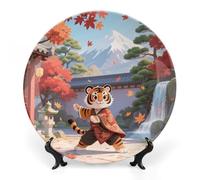 FekiLoot Tiger in Maple Yard Decorative Plates Bone China Plates with Stand for Display 10inch Round Ceramic Dinner Plates Dessert Plate for Kitchen Party Coffee Table Decor Art