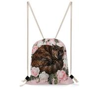 FekiLoot Tortoiseshell Cat in Roses Drawstring Backpack Sports Gym Bag Drawstring Bags Foldable Backpack for Women Men