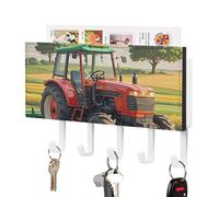 FekiLoot Tractor Theme Key Holder Wall Mount PU Leather Adhesive Key Rack with 5 Hooks Decorative Keys Storage Holder Mail Organizer Decor for Entryway Hallway Office Kitchen White