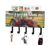 FekiLoot Tractor Theme Key Holder Wall Mount PU Leather Adhesive Key Rack with 5 Hooks Decorative Keys Storage Holder Mail Organizer Decor for Entryway Hallway Office Kitchen Black