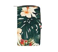FekiLoot Tropical Summer Hawaiian Flower Palm Leaves Wallet Large Capacity Travel Double Fold Wallets Portable Zipper Leather Purse for Women Men