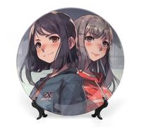 FekiLoot Two Anime WomenDecorative Plate Round Ceramic Plates with Display Stand Salad & Dessert Serving Plates Home Table Art Decoration for Kitchen Dining Room Wine Cabinet 8inch
