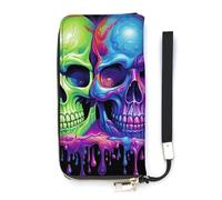 FekiLoot Two Colorful Skulls Long Wallet Large Capacity Zipper Purse Ladies Multi-card Slot Coin Phone Travel Pocket