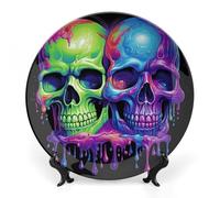 FekiLoot Two Colorful SkullsDecorative Plate Round Ceramic Plates with Display Stand Salad & Dessert Serving Plates Home Table Art Decoration for Kitchen Dining Room Wine Cabinet 6inch