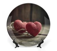 FekiLoot Two Crocheted HeartsDecorative Plate Round Ceramic Plates with Display Stand Salad & Dessert Serving Plates Home Table Art Decoration for Kitchen Dining Room Wine Cabinet 10inch