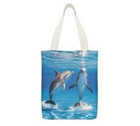 FekiLoot Two Dolphins Canvas Tote Bag Lightweight Medium Reusable Grocery Shopping Cloth Bag Multi-Purpose Tote Bags with Zipper Inner Pocket Large Capacity Shopping Bags