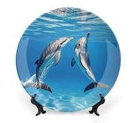FekiLoot Two DolphinsDecorative Plate Round Ceramic Plates with Display Stand Salad & Dessert Serving Plates Home Table Art Decoration for Kitchen Dining Room Wine Cabinet 8inch