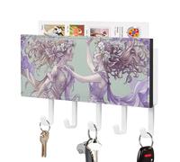 FekiLoot Two Fairies Dancing Key Holder Wall Mount PU Leather Adhesive Key Rack with 5 Hooks Decorative Keys Storage Holder Mail Organizer Decor for Entryway Hallway Office Kitchen White