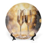 FekiLoot Two Glasses of ChampagneDecorative Plate Round Ceramic Plates with Display Stand Salad & Dessert Serving Plates Home Table Art Decoration for Kitchen Dining Room Wine Cabinet 10inch