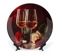 FekiLoot Two Glasses of White WineDecorative Plate Round Ceramic Plates with Display Stand Salad & Dessert Serving Plates Home Table Art Decoration for Kitchen Dining Room Wine Cabinet 7inch