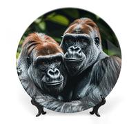 FekiLoot Two Gorillas Hugging Each OtherDecorative Plate Round Ceramic Plates with Display Stand Salad & Dessert Serving Plates Home Table Art Decoration for Kitchen Dining Room Wine Cabinet 10inch
