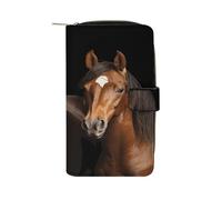 FekiLoot Two Horses Standing on Black Background Wallet for Women Leather Bifold Wallet Compact Cute Cash Purse Ladies Clutch Wallets Large Capacity Credit Card Holder Travel Zipper Coin Pocket