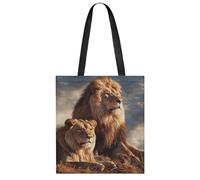 FekiLoot Two Lions Shopping Bag Foldable, Multipurpose Shoulder Bag, Reusable Grocery Bag Holder with Long Shoulder Strap, Waterproof Tote Bags for Work, Beach, Travel