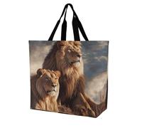 FekiLoot Two Lions Shopping Bag Foldable, Multipurpose Shoulder Bag, Reusable Grocery Bag Holder with Long Shoulder Strap, Waterproof Tote Bags for Work, Beach, Travel