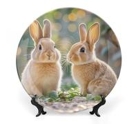 FekiLoot Two Little Cute RabbitsDecorative Plate Round Ceramic Plates with Display Stand Salad & Dessert Serving Plates Home Table Art Decoration for Kitchen Dining Room Wine Cabinet 7inch
