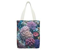 FekiLoot Underwater World Coral Canvas Tote Bag Lightweight Medium Reusable Grocery Shopping Cloth Bag Multi-Purpose Tote Bags with Zipper Inner Pocket Large Capacity Shopping Bags