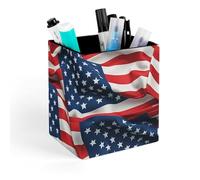 FekiLoot Usa Flag Pen Holder for Desk, Personalized Pencil Cups for Office, Square Makeup Brush Holder for Bathroom, PU Leather Pencil Organizer Case, Pen Storage Box
