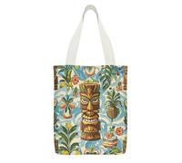 FekiLoot Vintage Aloha Tiki Pattern Canvas Tote Bag Lightweight Medium Reusable Grocery Shopping Cloth Bag Multi-Purpose Tote Bags with Zipper Inner Pocket Large Capacity Shopping Bags