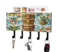 FekiLoot Vintage Aloha Tiki Pattern Key Holder Wall Mounted Key Hanger with 5 Hooks Hallway Key Rack Decor for Kitchen Entryway Key Hooks PU Leather Key Organizer for Front Door Office