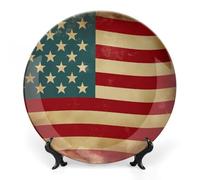 FekiLoot Vintage American FlagDecorative Plate Round Ceramic Plates with Display Stand Salad & Dessert Serving Plates Home Table Art Decoration for Kitchen Dining Room Wine Cabinet 8inch