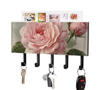 FekiLoot Vintage Beautiful Rose Key Holder for Wall Adhesive Key Hanger with 5 Hooks Wall Mounted PU Leather Key Storage Organizer Towel Hook for Entryway Hallway Living Room Office
