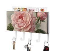 FekiLoot Vintage Beautiful Rose Key Holder for Wall Adhesive Key Hanger with 5 Hooks Wall Mounted PU Leather Key Storage Organizer Towel Hook for Entryway Hallway Living Room Office