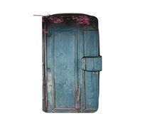 FekiLoot Vintage Blue Wood Wallet Large Capacity Travel Double Fold Wallets Portable Zipper Leather Purse for Women Men