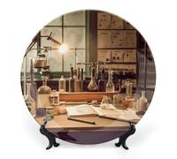 FekiLoot Vintage Chemistry LabDecorative Plate Round Ceramic Plates with Display Stand Salad & Dessert Serving Plates Home Table Art Decoration for Kitchen Dining Room Wine Cabinet 8inch