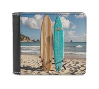 FekiLoot Vintage Turquoise Wood Surfboard Wallet Large Capacity Slim Bifold Wallet with Multiple Card Slots PU Leather Men Purse