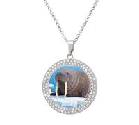 FekiLoot Walrus on Arctic Ice Pendant Necklace for Women Men Elegant Diamond Circle Necklaces with 19.7 Inch Chain, Zinc Diamond Jewelry for Birthday Christmas Valentine's Day Gift, One Size, Zinc