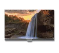 FekiLoot Waterfall at Sunset Business Card Holder for Men & Women Professional Stainless Steel Business Card Case Large Capacity Slim Purse Name Cards Holders Buckle Style Shut