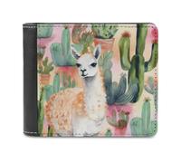 FekiLoot White Alpaca Watercolor Painting And Cactus PU Leather Wallet Bifold Wallet Front Pocket Wallets Fashion Purse Slim Billfold Credit Card Holder