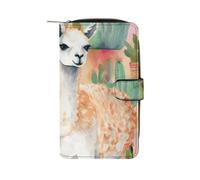FekiLoot White Alpaca Watercolor Painting And Cactus Wallet Large Capacity Travel Double Fold Wallets Portable Zipper Leather Purse for Women Men