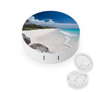FekiLoot White Beach Contact Lens Case Portable Travel Outdoor Contact Lens Cases Circle Leakproof Makeup Storage Box with Mirror for Home Office Dormitory