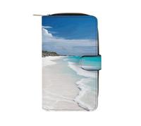 FekiLoot White Beach Wallet Large Capacity Travel Double Fold Wallets Portable Zipper Leather Purse for Women Men