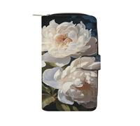 FekiLoot White Peony Wallet Large Capacity Travel Double Fold Wallets Portable Zipper Leather Purse for Women Men