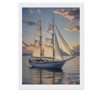 FekiLoot White Sailing Ship at Sunset Diamond Art Kits for Adults Diamond Paintings Kits for Beginners DIY Full Drill Round Rhinestone Gem Art Crafts Paintings for Home Wall Decor