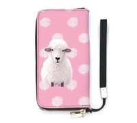 FekiLoot White Sheep on Pink Background Long Wallet Large Capacity Zipper Purse Ladies Multi-card Slot Coin Phone Travel Pocket