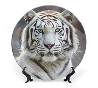 FekiLoot White Tiger Bone China Decorative Plate for Art Crafts, Chinese Style Decorative Dish with Stand, Hanging Ceramic Plates Ornaments 7inch for Home, Office, Wall Decor