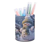 FekiLoot Winter Snowman Round Pencil Holder PU Leather Pen Cup Container Desk Organizer Desktop Storage Box Stationery Brush Scissor Holders for Home School Office Supply