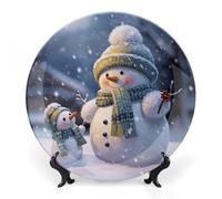 FekiLoot Winter SnowmanDecorative Plate Round Ceramic Plates with Display Stand Salad & Dessert Serving Plates Home Table Art Decoration for Kitchen Dining Room Wine Cabinet 6inch