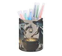 FekiLoot Witch And The Cauldron Round Pencil Holder PU Leather Pen Cup Container Desk Organizer Desktop Storage Box Stationery Brush Scissor Holders for Home School Office Supply
