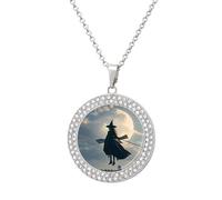 FekiLoot Witch in The Sky Pendant Necklace for Women Men Elegant Diamond Circle Necklaces with 19.7 Inch Chain, Zinc Diamond Jewelry for Birthday Christmas Valentine's Day Gift, One Size, Zinc