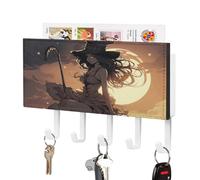 FekiLoot Witch Riding A Broom Key Holder Wall Mount PU Leather Adhesive Key Rack with 5 Hooks Decorative Keys Storage Holder Mail Organizer Decor for Entryway Hallway Office Kitchen White