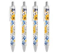 FekiLoot Yellow And Blue Flowers Ballpoint Pens Retractable Black Ink Ballpoint Pens 0.5mm Medium Point Smooth Writing Pattern Pen with Super Soft Grip Cute Work Supplies for Men Women 4 PCS