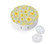 FekiLoot Yellow Flower Contact Lens Case Portable Travel Outdoor Contact Lens Cases Circle Leakproof Makeup Storage Box with Mirror for Home Office Dormitory