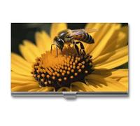 FekiLoot Yellow Flower with Black Bee Business Card Holder for Men & Women Professional Stainless Steel Business Card Case Large Capacity Slim Purse Name Cards Holders Buckle Style Shut