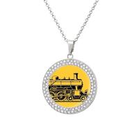 FekiLoot Yellow Steam Train Pendant Necklace for Women Men Elegant Diamond Circle Necklaces with 19.7 Inch Chain, Zinc Diamond Jewelry for Birthday Christmas Valentine's Day Gift, One Size, Zinc