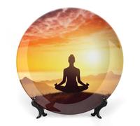 FekiLoot Yoga MeditationDecorative Plate Round Ceramic Plates with Display Stand Salad & Dessert Serving Plates Home Table Art Decoration for Kitchen Dining Room Wine Cabinet 6inch