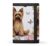 FekiLoot Yorkshire Terrier Tea Party Butterflies Roses Wallet Compact Blocking Trifold Wallets with Zipper Minimalist Purse Wallet Credit Card Holder